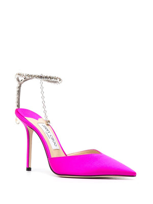 Fuchsia Pink Satin Pumps - Crystal Embellished Pointed Toe High Heel Shoes for Women