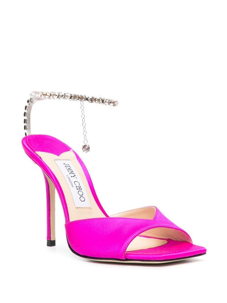Fuchsia Pink Crystal Embellished Satin Sandals for Women