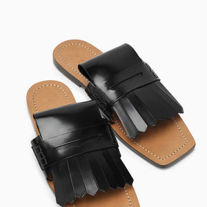 MARNI Black Leather Bambi Sandal - Square Open Toe, Maxi Folded Fringe, Leather Sole