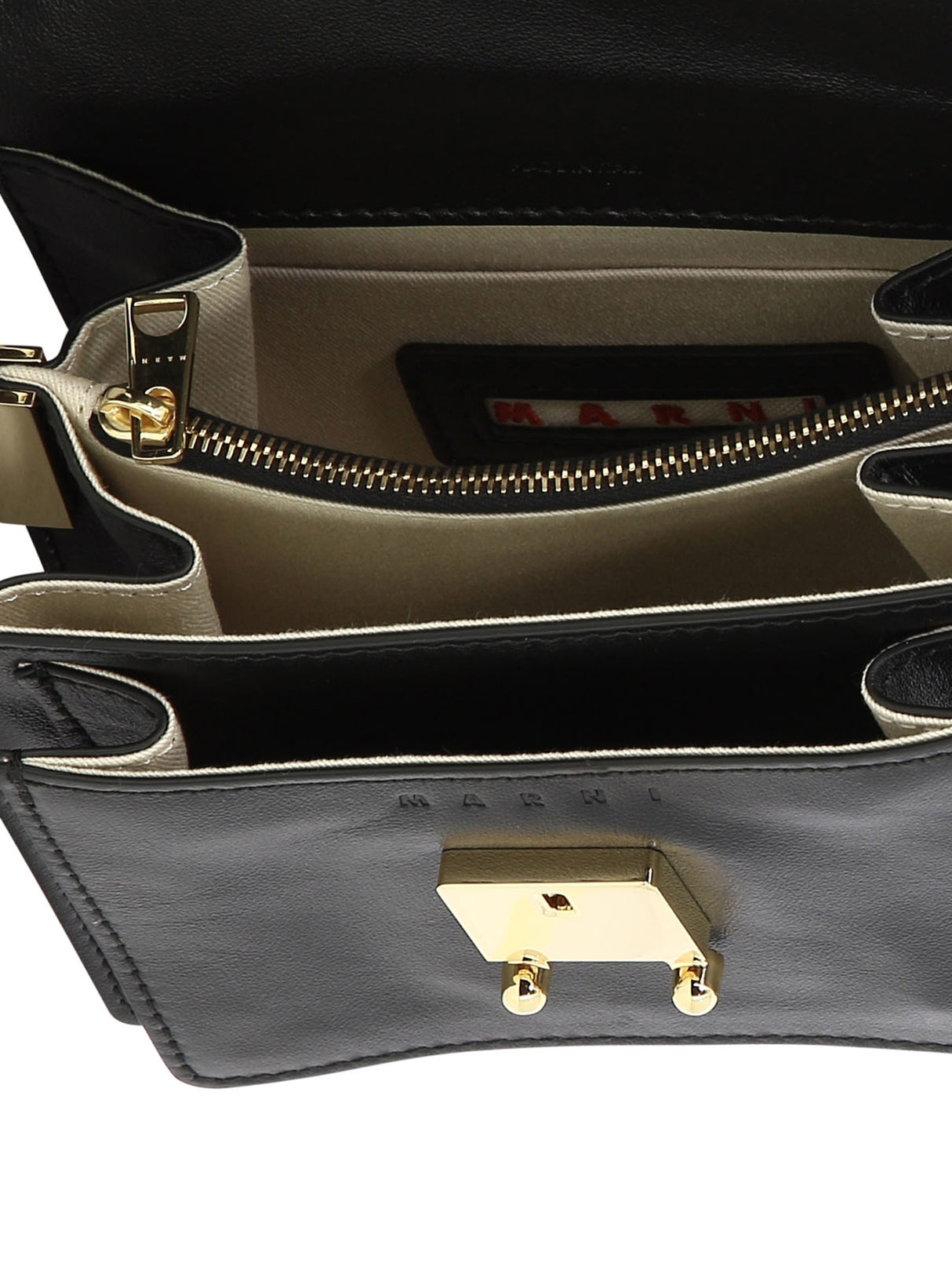 MARNI Mini Trunk Soft Black Leather Shoulder Bag with Adjustable Strap and Clasp Closure