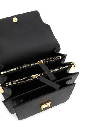حقيبة Topdown مزدوجة أكورديون من الجلد الأسود للنساء - ذهبية الملمس، عدة أقسام