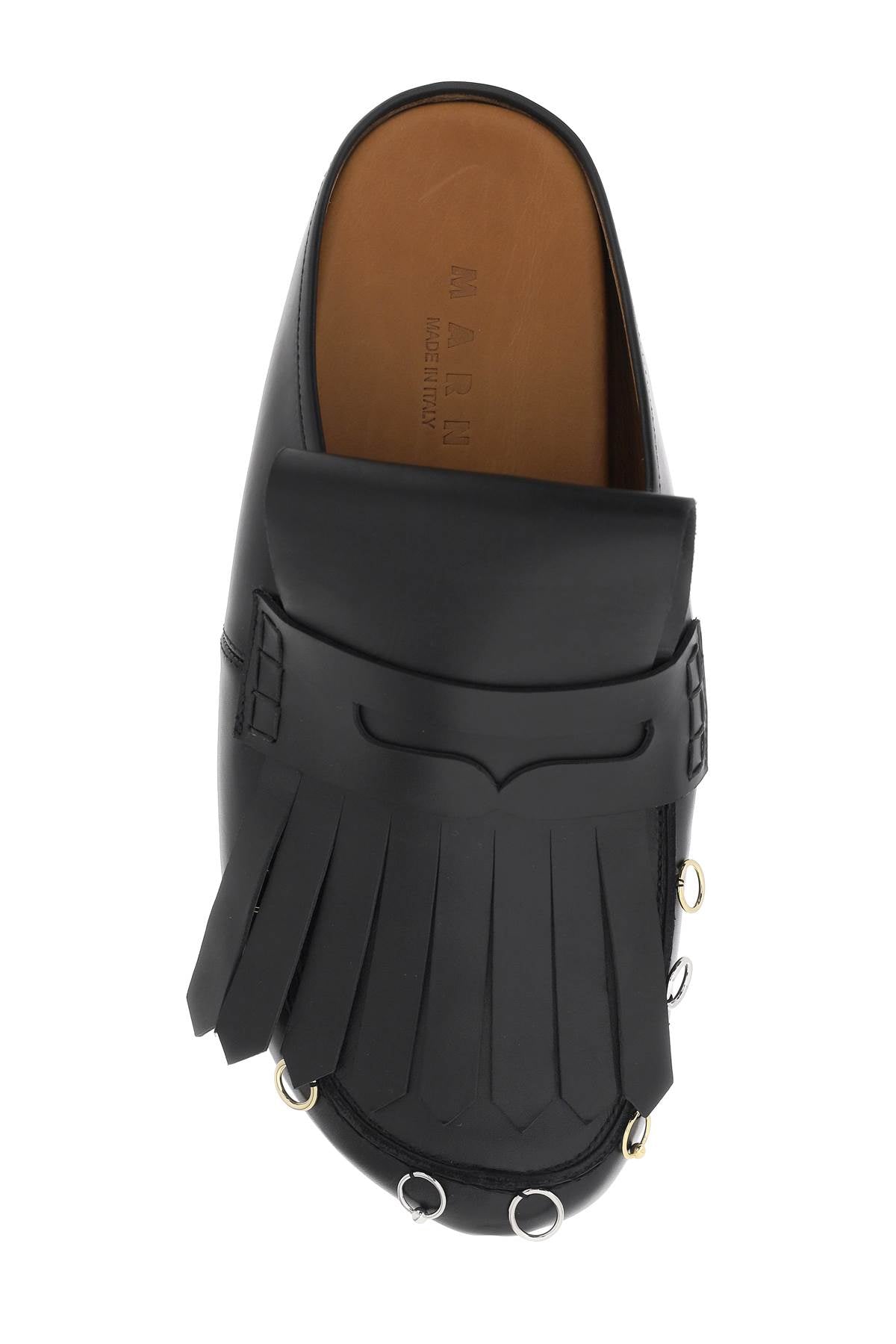 Black Maxi Fringe Sandals with Piercing Detail