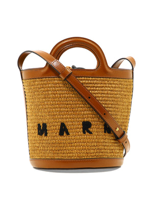 MARNI Mini Straw Tote Handbag with Leather Handles and Adjustable Shoulder Strap in Brown