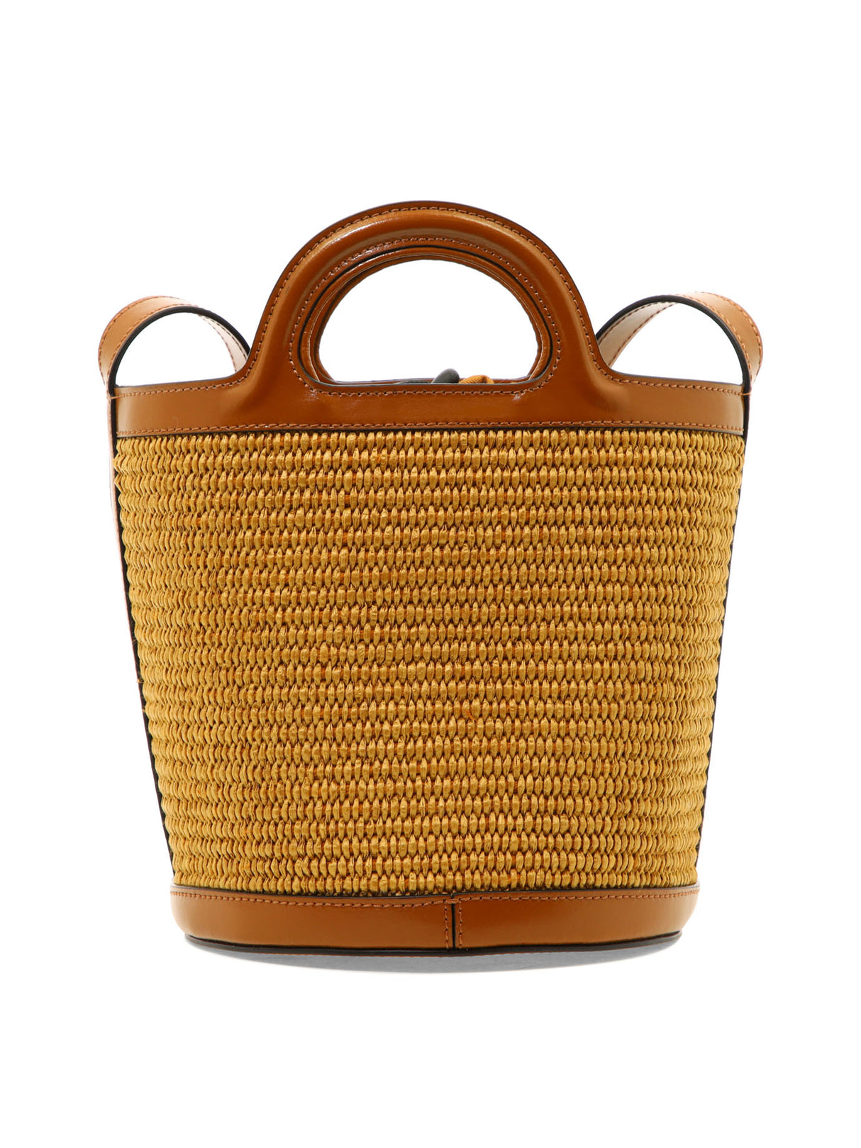 MARNI Mini Straw Tote Handbag with Leather Handles and Adjustable Shoulder Strap in Brown