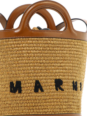 MARNI Mini Straw Tote Handbag with Leather Handles and Adjustable Shoulder Strap in Brown