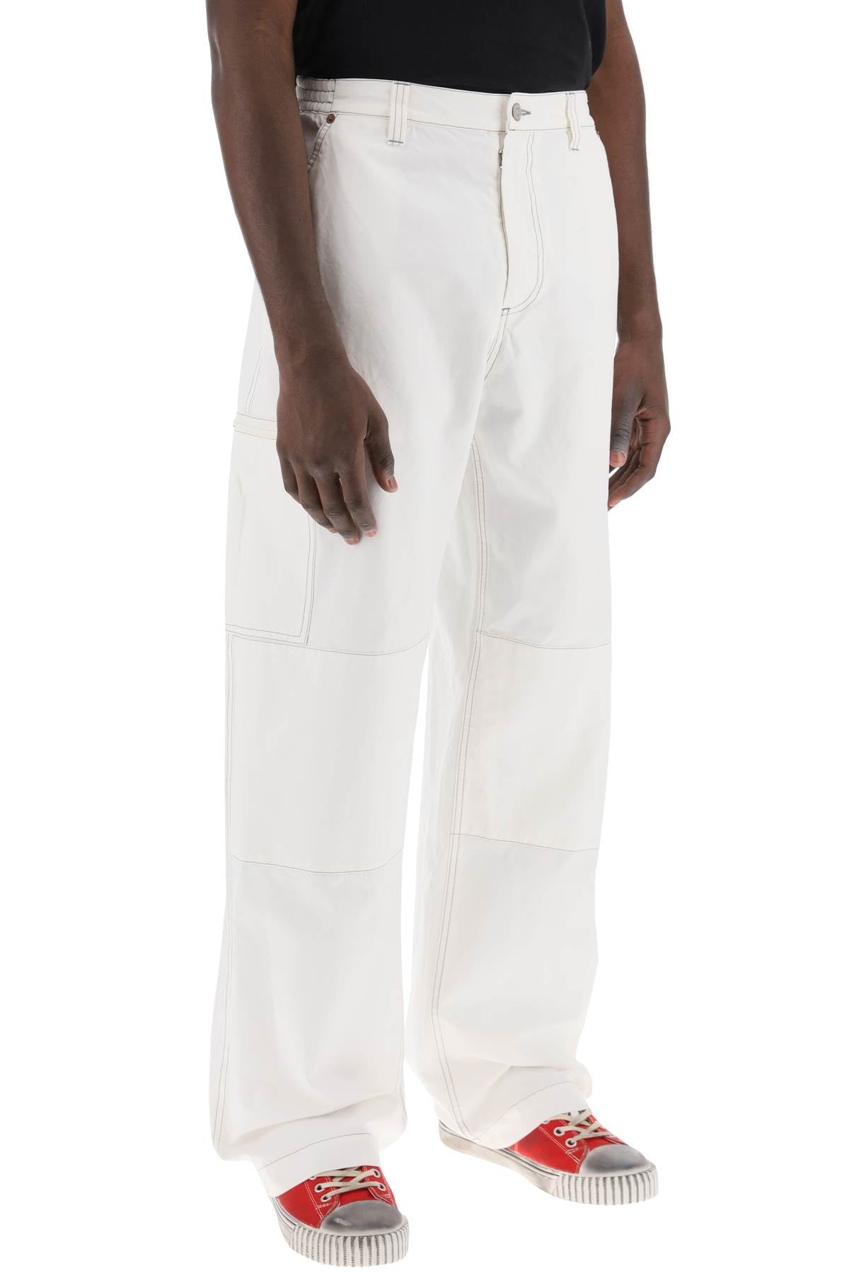 MM6 MAISON MARGIELA Men's White Cotton Wide-Leg Pants with Contrast Stitching