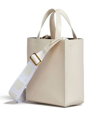 MARNI Mini Museo Ecru White Leather Tote Handbag with Gold-Tone Accents and Adjustable Strap