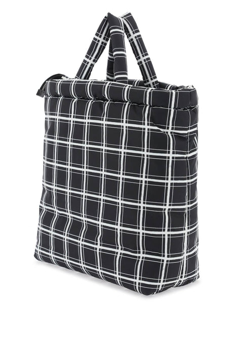 Black Padded Nylon Shopping Handbag with Check Pattern and Removable Strap