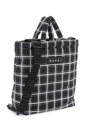 Black Padded Nylon Shopping Handbag with Check Pattern and Removable Strap