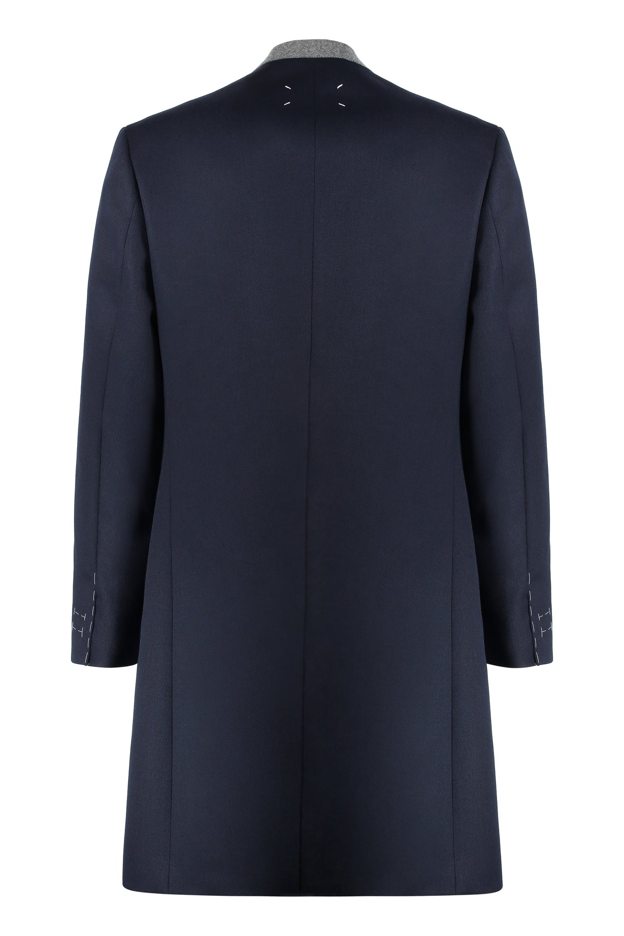 Blue Wool Jacket | Contrasting Neckline, Back Slit Hem