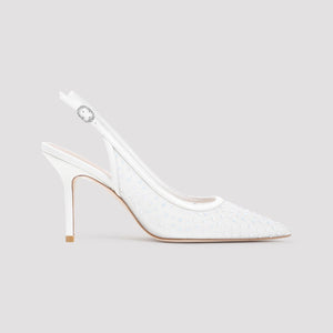 STUART WEITZMAN Emilia White Mesh Slingback Sandals with Leather Heel, 9cm