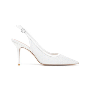 STUART WEITZMAN Emilia White Mesh Slingback Sandals with Leather Heel, 9cm