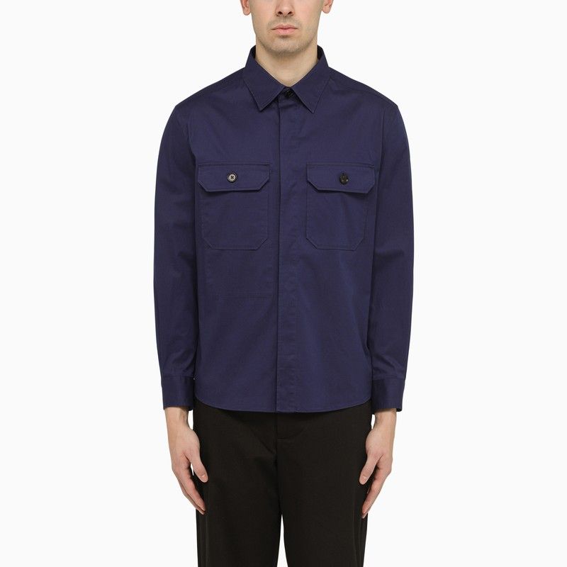 Men's Blue Utility Cotton Shirt with Classic Collar and Chest Pockets