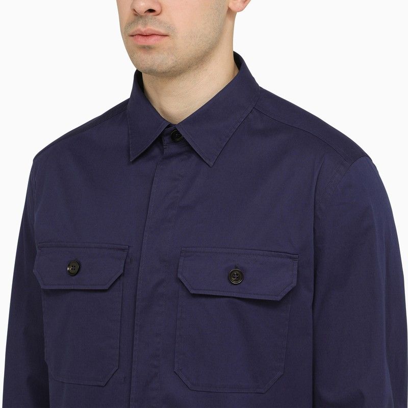 Men's Blue Utility Cotton Shirt with Classic Collar and Chest Pockets