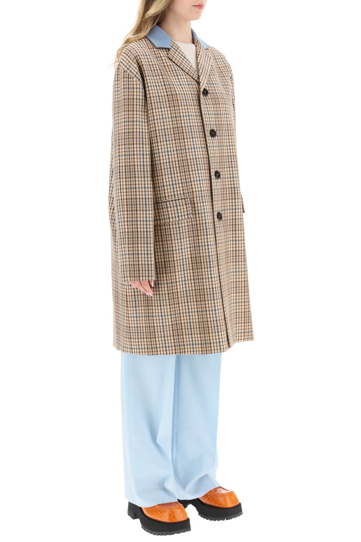 MARNI Suede Collar Checkered Design Midi Jacket - Oversized Fit