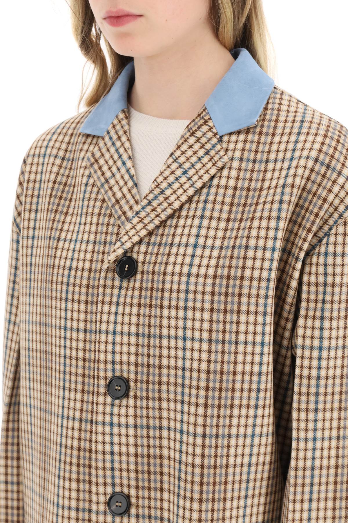 MARNI Suede Collar Checkered Design Midi Jacket - Oversized Fit