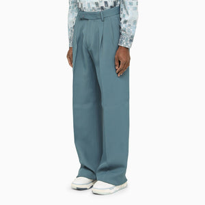 Straight Leg Blue Trousers with Central Pleat for Men
