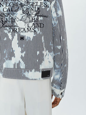 メンズのストライプ刺繡カジュアルジャケット、SS23用のインディゴとホワイト