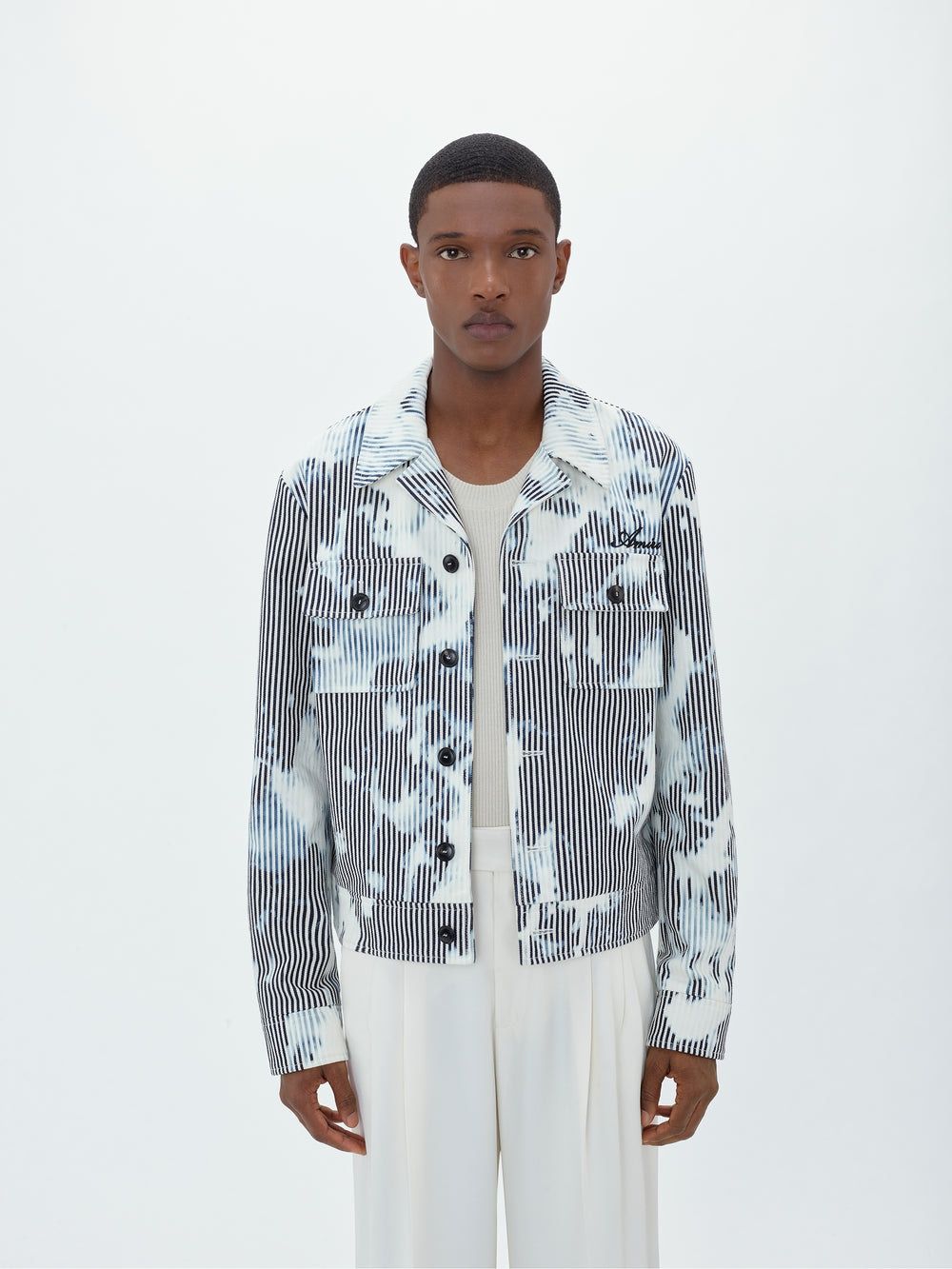 AMIRI Men's Striped Embroidered Cadet Jacket in Indigo and White for SS23