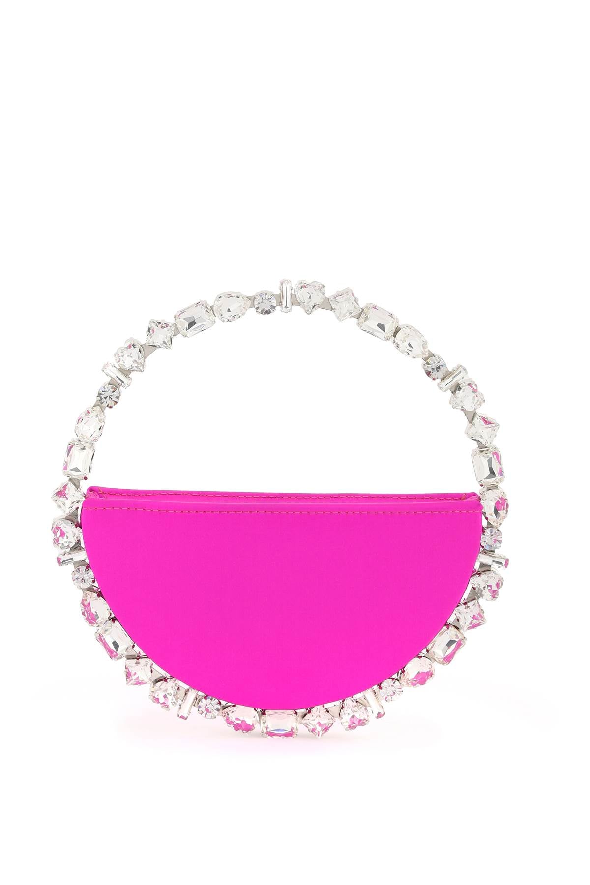 粉色奢华丝缎手拿包，搭配水晶镶嵌金属圈