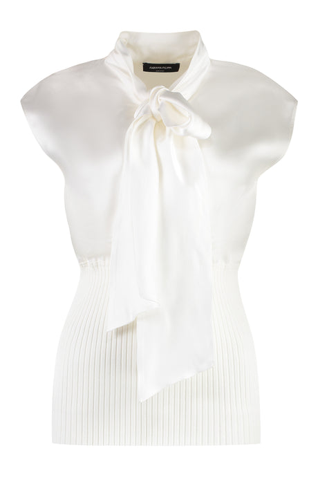 FABIANA FILIPPI White Viscose Top with Pussy-Bow Collar and Ribbed Knit Hem for Women