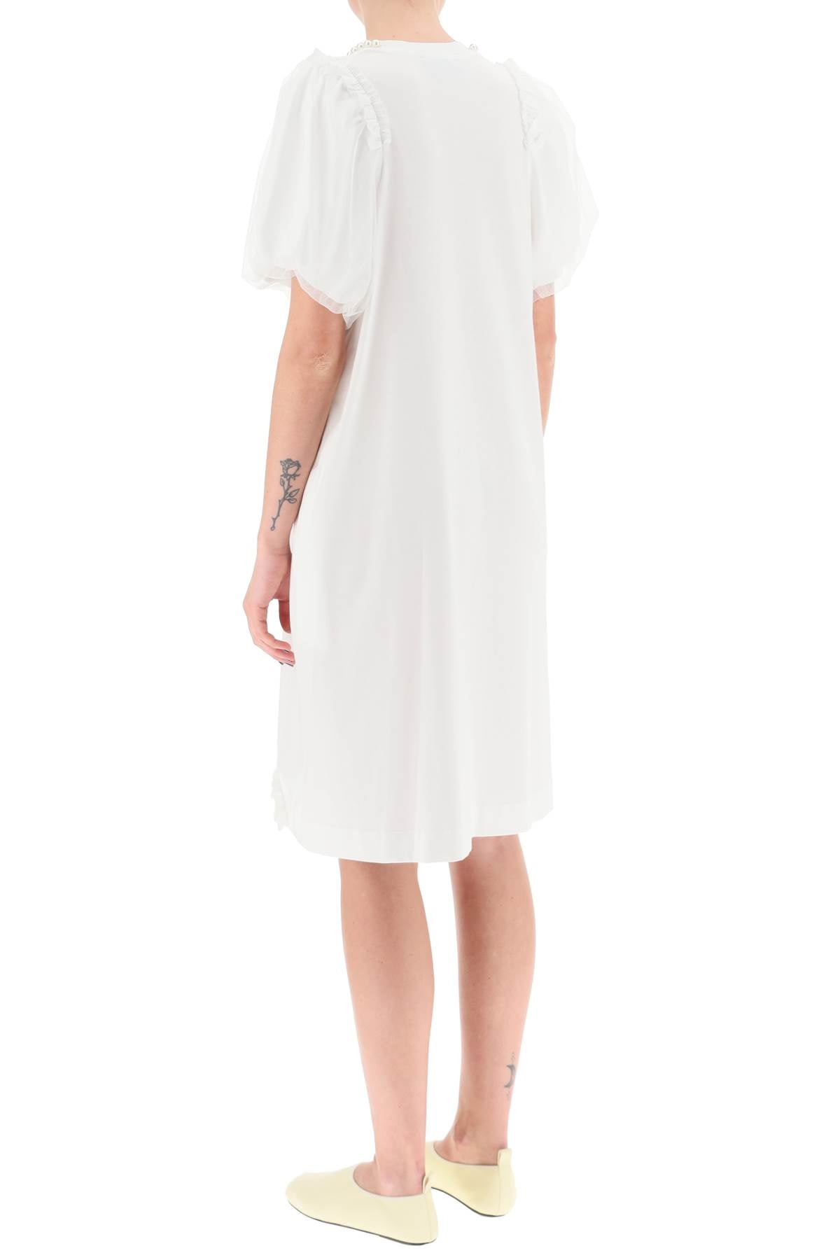 SIMONE ROCHA White Knee-Length T-Shirt Dress with Tulle Sleeves and Pearl Embellishments for Women