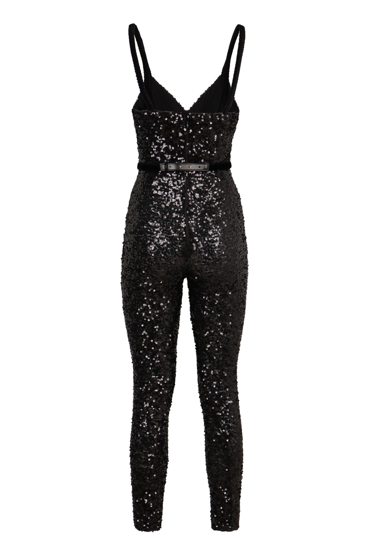 ELISABETTA FRANCHI Sequined Velvet Belted Jumpsuit (Size 34)