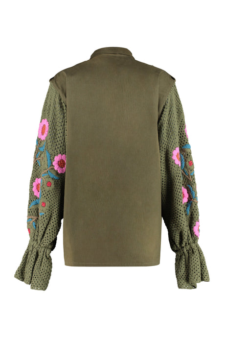 Green Floral Embroidered Jacket with Knit Sleeves for Women SS23
