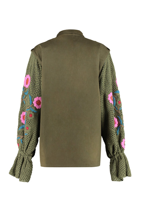 TULIZÉ Green Floral Embroidered Jacket with Knit Sleeves for Women SS23