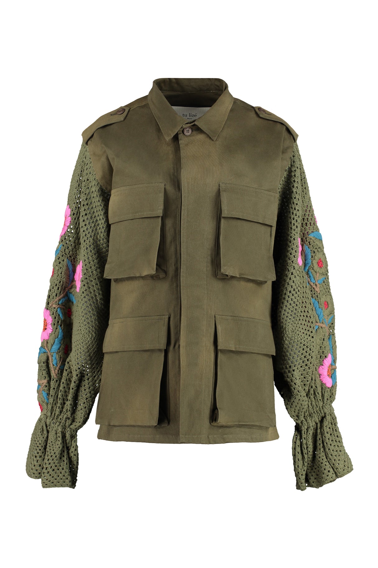 Green Floral Embroidered Jacket with Knit Sleeves for Women SS23