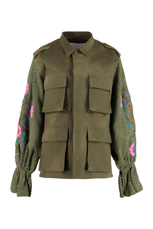 Green Floral Embroidered Jacket with Knit Sleeves for Women SS23