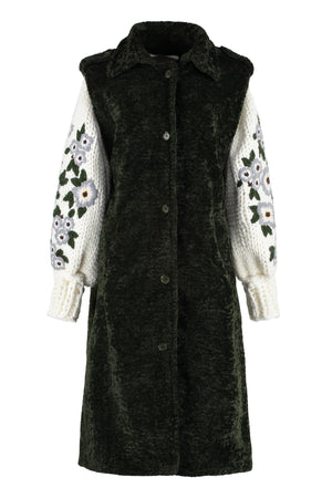 TULIZÉ Green Floral Embroidered Faux Fur Jacket for Women