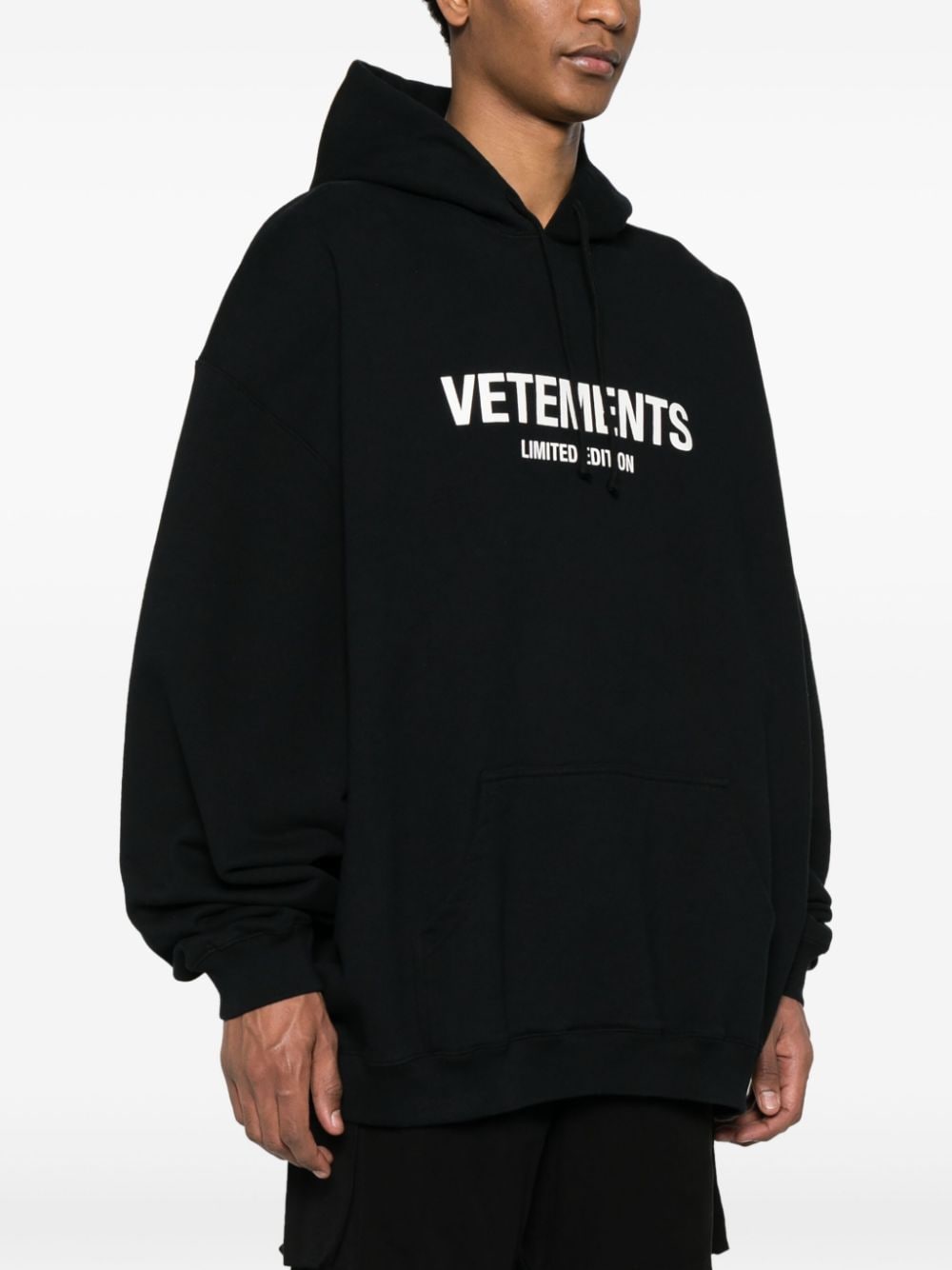 VETEMENTS Black Cotton Blend Hoodie with Textured Logo Print and French Terry Lining