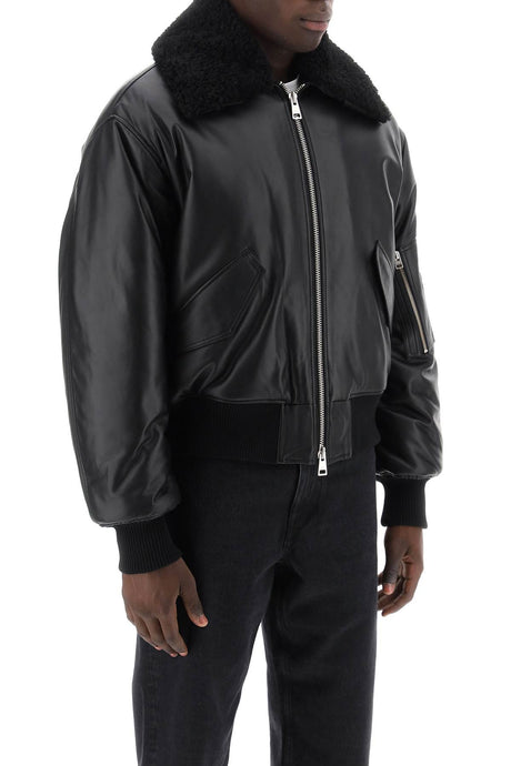 AMI PARIS Men's Black Leather Bomber Jacket for the FW23 Season