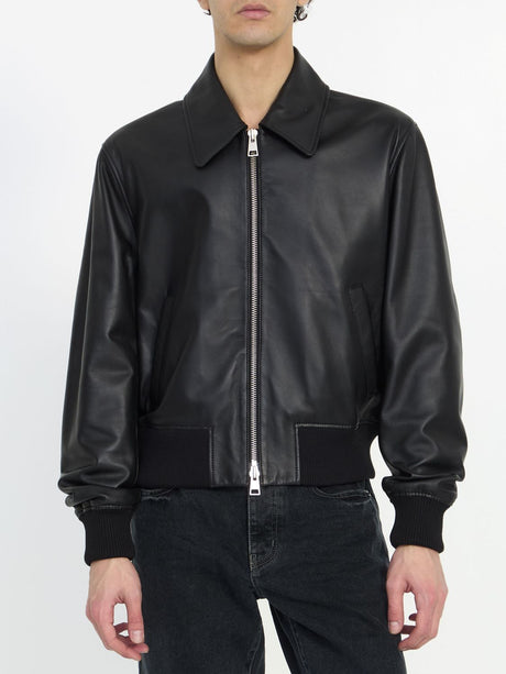 AMI PARIS Men's Black Leather Bomber Jacket for SS24