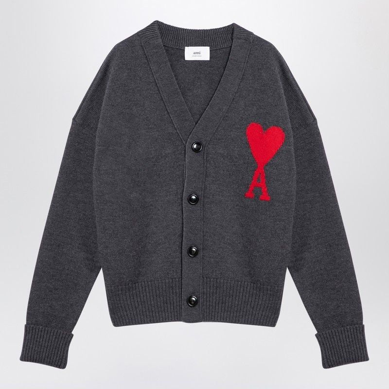 AMI PARIS Heart Emblem Grey Wool Cardigan