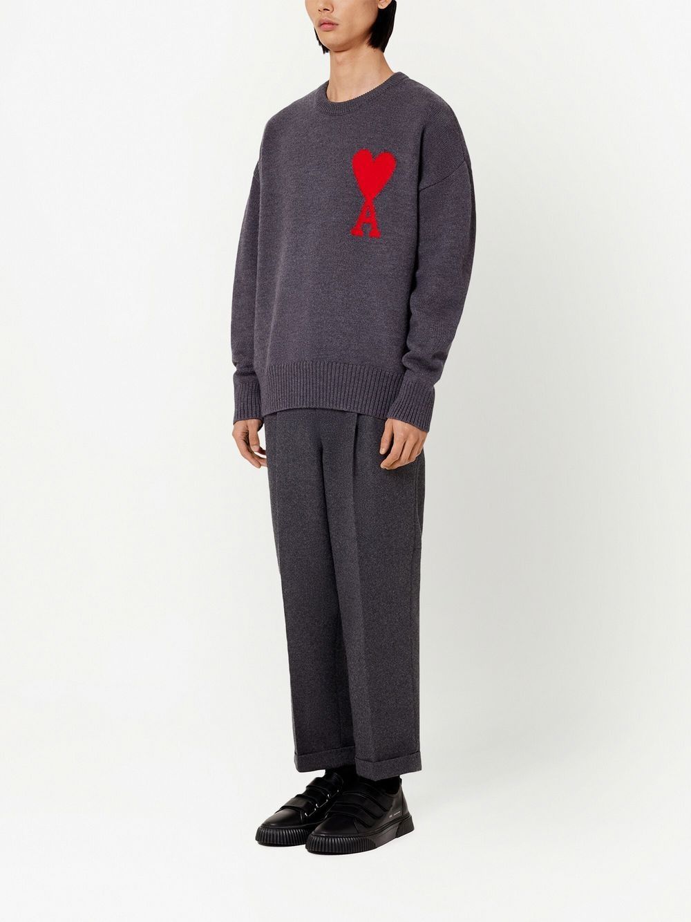 AMI PARIS Oversized ADC Crew Neck Wool Sweater in Grey-Red