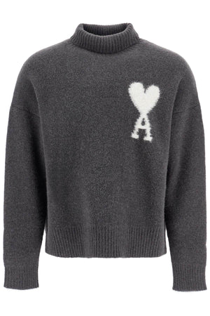 AMI PARIS Men's High-Neck Knit Sweater: Beige Alpaca Blend with Embroidered AMI of Coeur