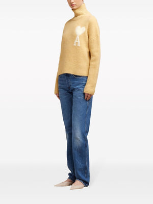 AMI PARIS Men's High-Neck Knit Sweater: Beige Alpaca Blend with Embroidered AMI of Coeur