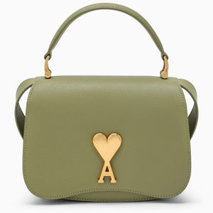 AMI PARIS Olive Green Grained Leather Small Crossbody Handbag with Gold-Tone Accents