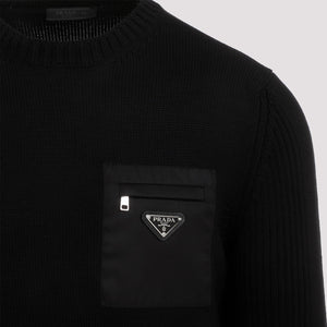 PRADA Men's Virgin Wool Crew-Neck Sweater with Zip Front Pocket