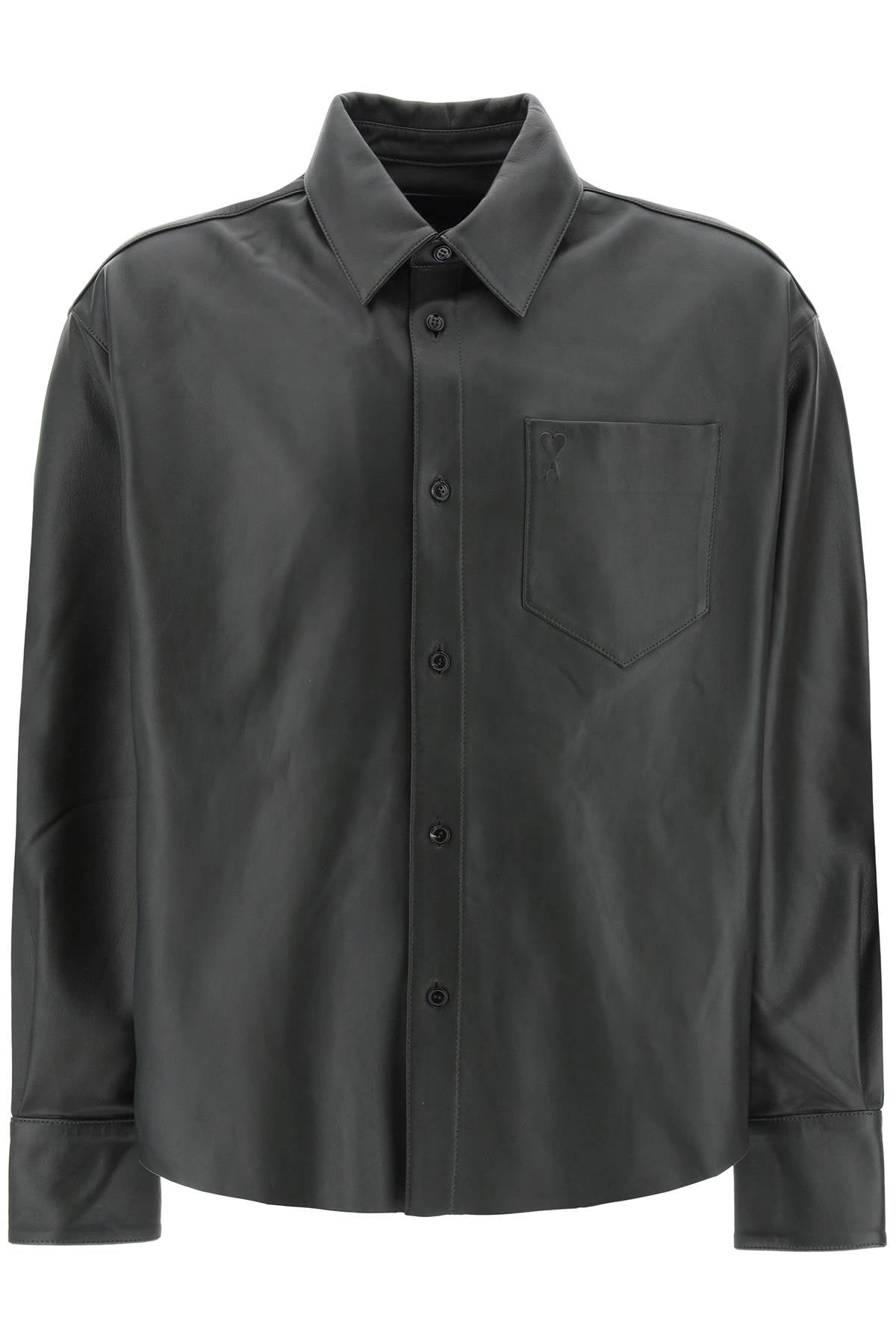 AMI PARIS Men's Black Leather Long Sleeved Shirt for SS24