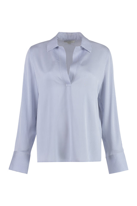 VINCE Elegant Light Blue Silk Blouse with Asymmetric Hem and Side Slits for Women