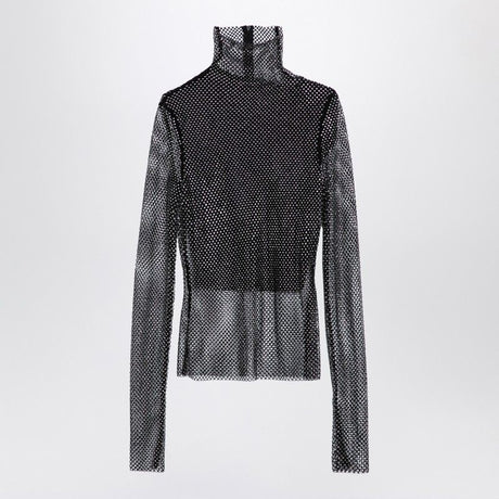 MAX MARA SPORTMAX Elegant Black Mesh Rhinestone Turtleneck Sweater