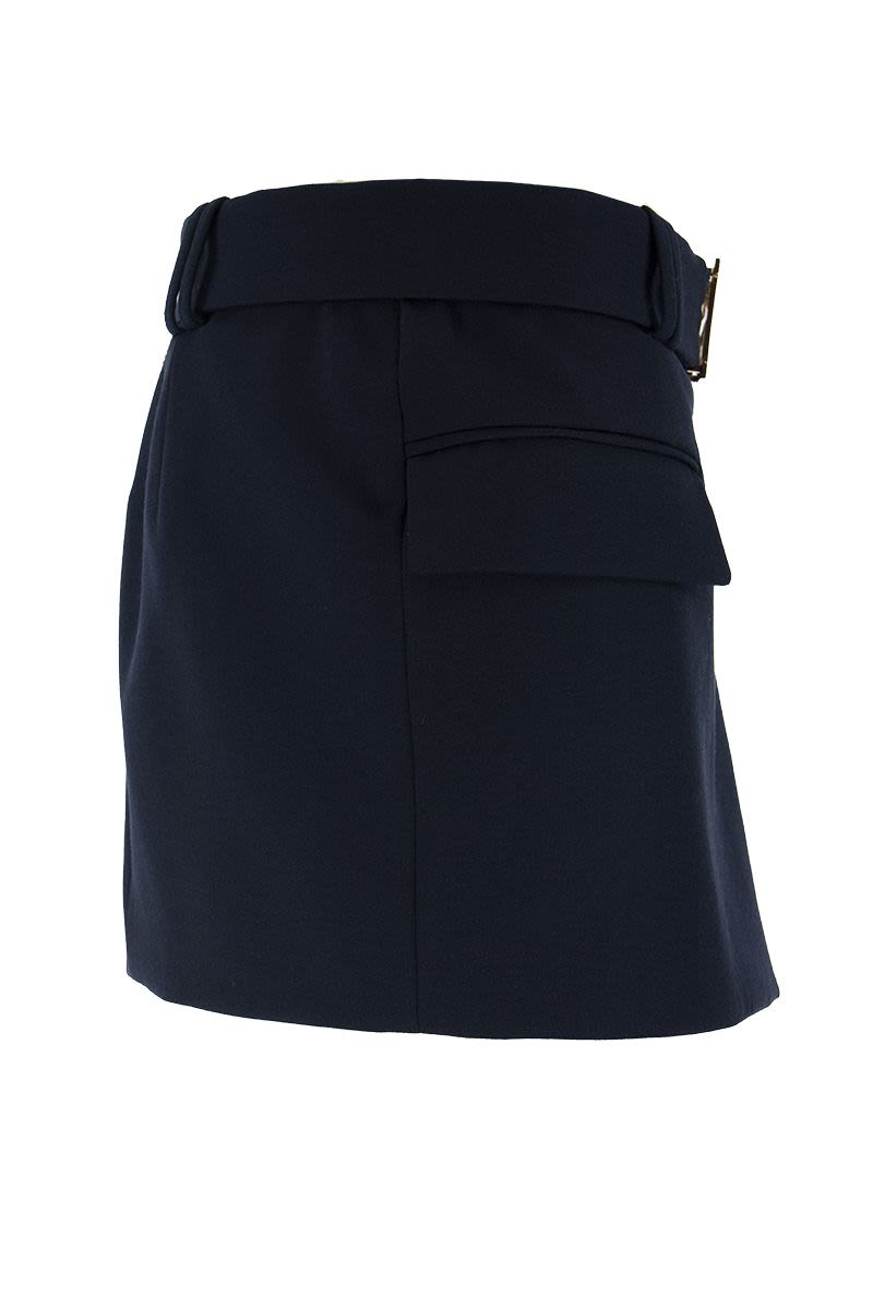 Blue Low-Rise Skirt with Two Flap Pockets and Logo Belt Buckle