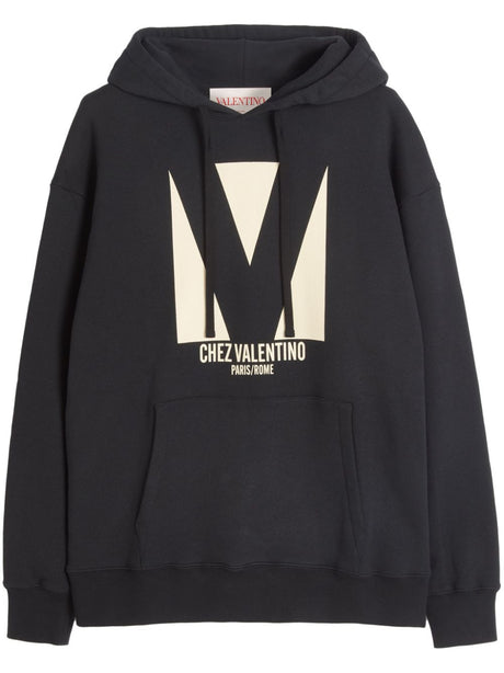 VALENTINO Men's Casual Black Cotton Hoodie with Front Pocket