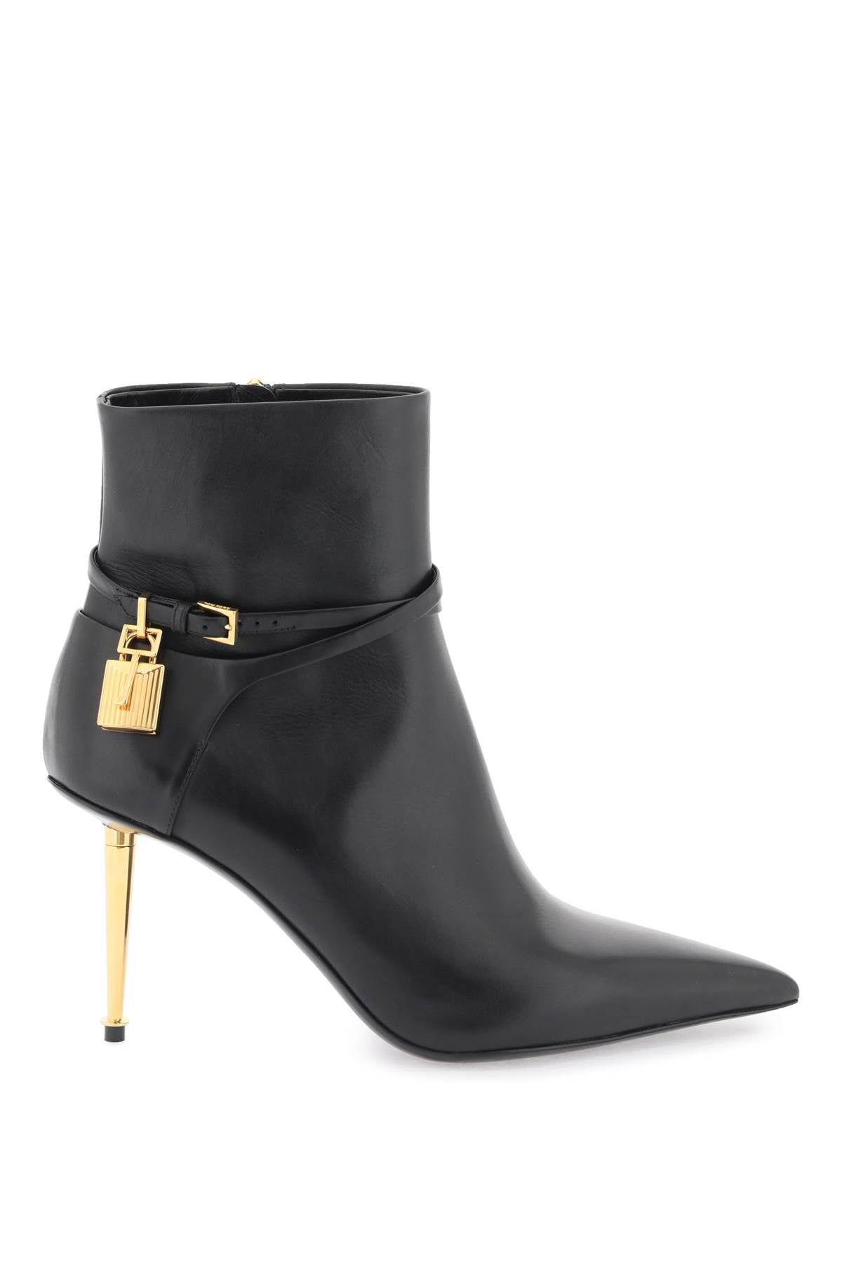 Sleek Leather Ankle Boots for Women with Padlock and Iconic Pointed Heel