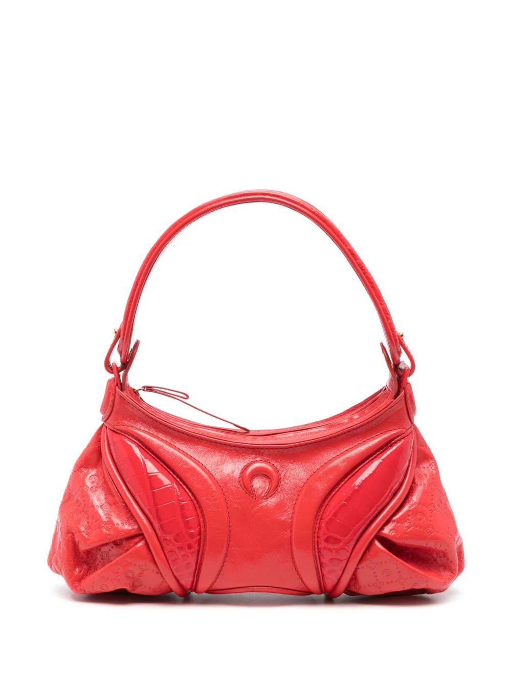 MARINE SERRE Cardinal Red Panel Handbag with Signature Moonogram Motif and Embossed Crocodile Skin Effect