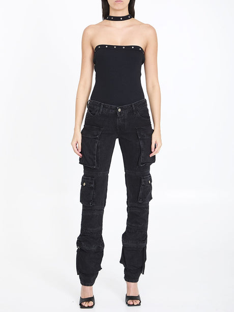 THE ATTICO Low-Waist Essie Cargo Jeans in Black Cotton Denim for Women - SS24