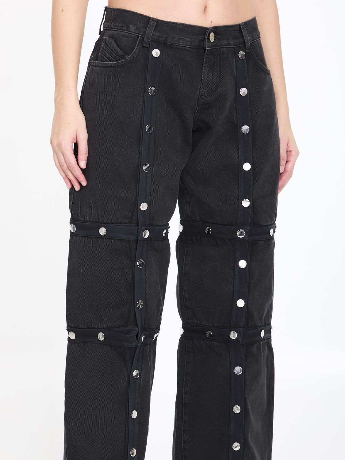 THE ATTICO Black Cotton Denim Pants with Logoed Snap Buttons for Women